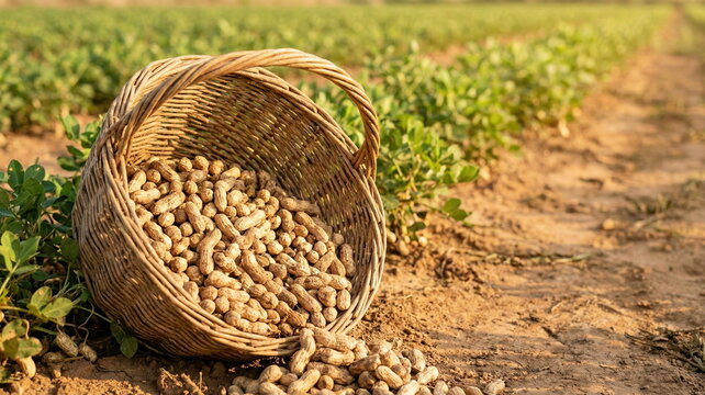Basket of freshly harvested peanuts in a field